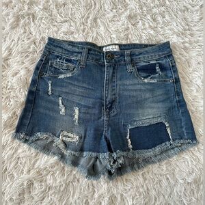 Blue Distressed Jean Shorts with Frayed Hem